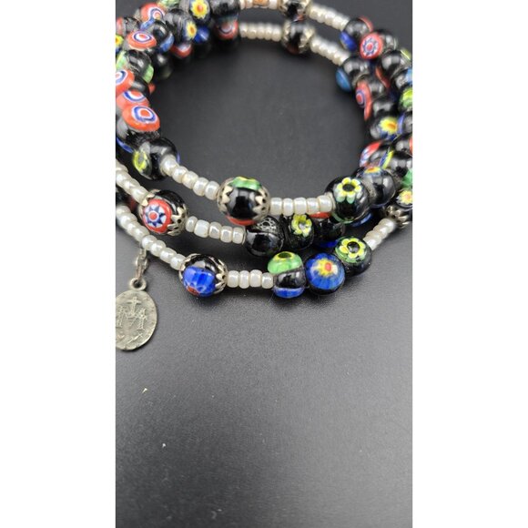Multi-Layer Murano Millefiori? Glass Beaded Wrap Bracelet W/ Religious Charms - Picture 4 of 9